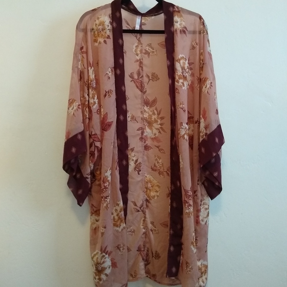 Burgundy and Mustard Floral Kimono Duster